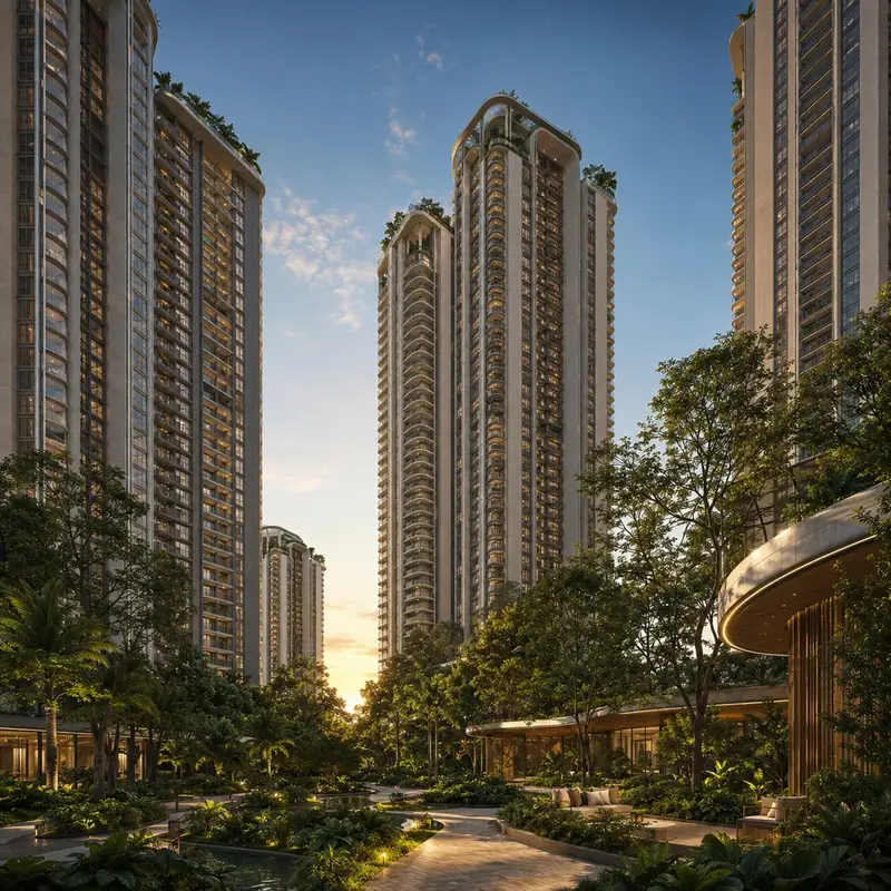 Sumadhura Kannamangala high-rise tower cluster at dusk