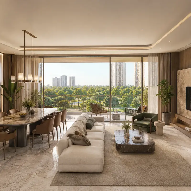 Sumadhura Kannamangala sample living-dining interior opening to the green